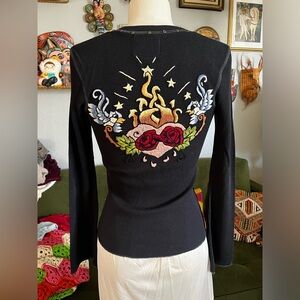 Soul revival black embroidered long sleeve waffle knit top